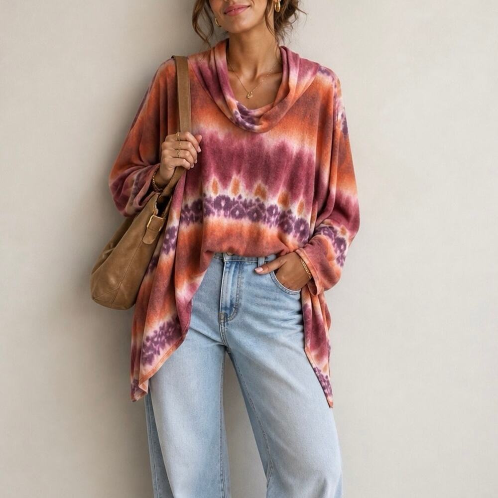 Ivy Jane Tie Dye Long Sleeve Pulllover Knit Poncho Multicolor Women's M/L NWT